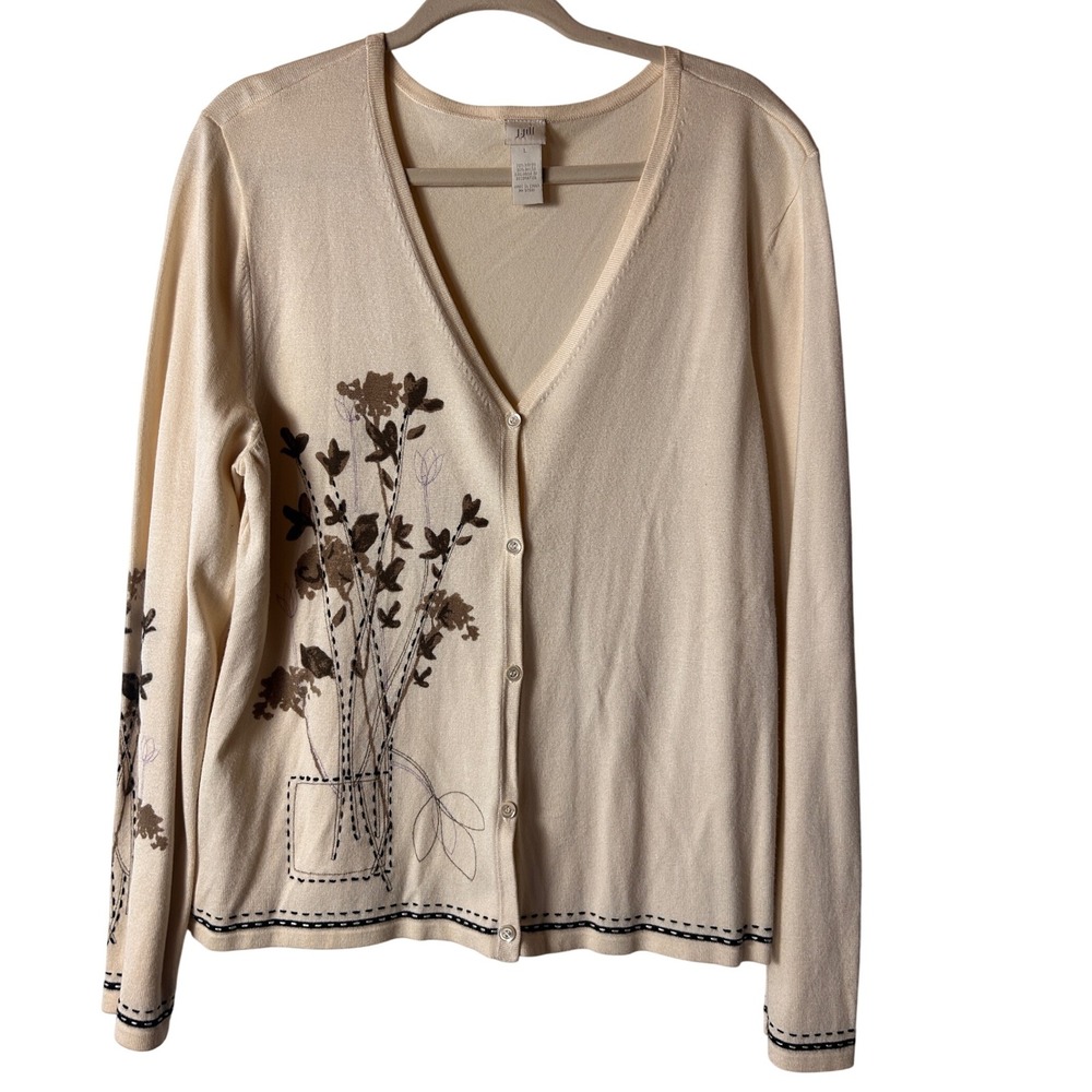 J Jill Cream Floral Embroidered Cardigan Sweater Women's Size‎ L Long Sleeve